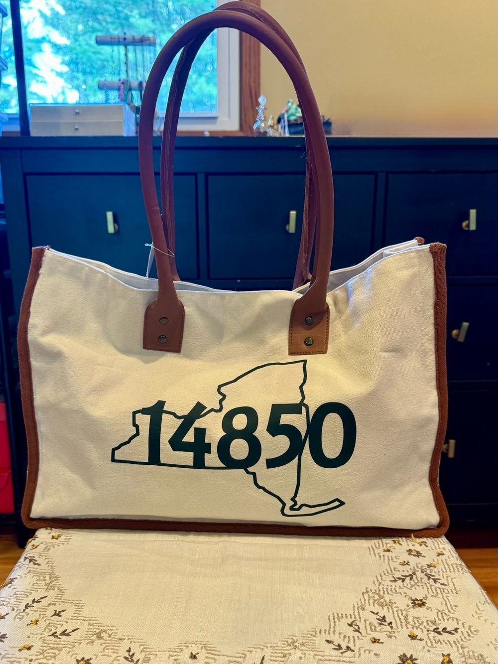 14850 New York Canvas Tote w/ Brown Trim (Structured & Wide- Custom Design)